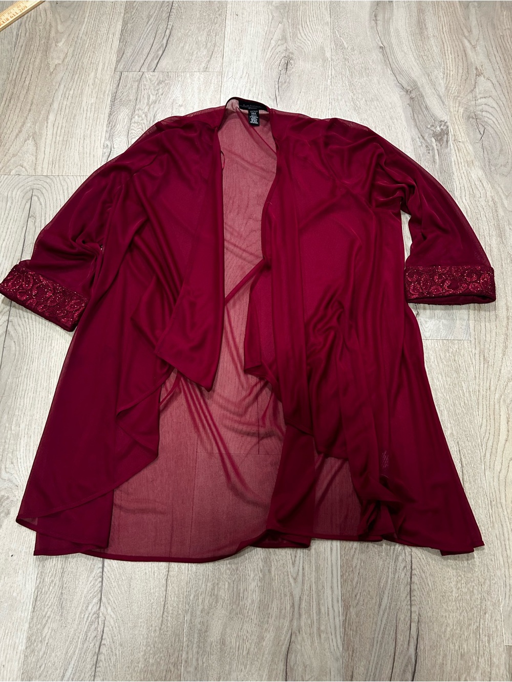 R&M Richards Sheer Burgundy Red Open Front Duster
